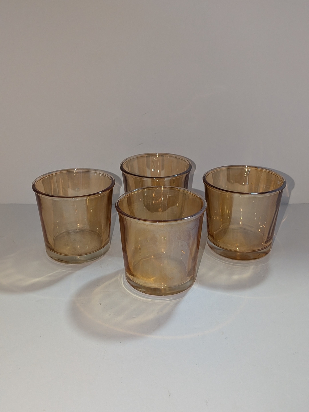 Vintage Juice Glasses 4 Small Iridescent Amber 3 Inches Tall x 3 Inches Round